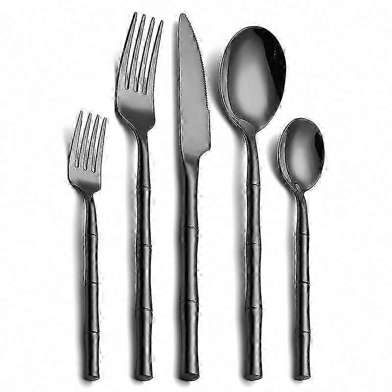 5-teiliges Besteckset Aus Edelstahl Mit Zylindrischen Bambusgriffen, Robustes Und Langlebiges Küchenbesteck, Kreatives Design