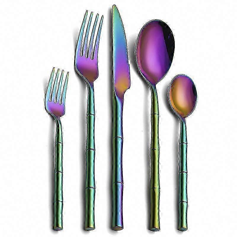5-teiliges Edelstahl-besteckset Mit Kreativen Zylindrischen Bambusgriffen, Robustes Küchen- Und Tischbesteck, Langlebiges Besteck Mit Modernem Design