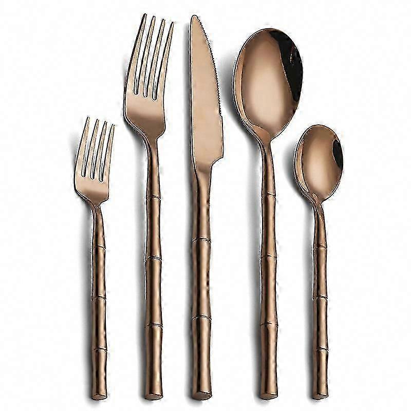 Zylindrisches Besteckset Aus Edelstahl 304 Mit Bambusgriff, 5-teilig, Robustes Küchenbesteck Für Tisch Und Mahlzeiten