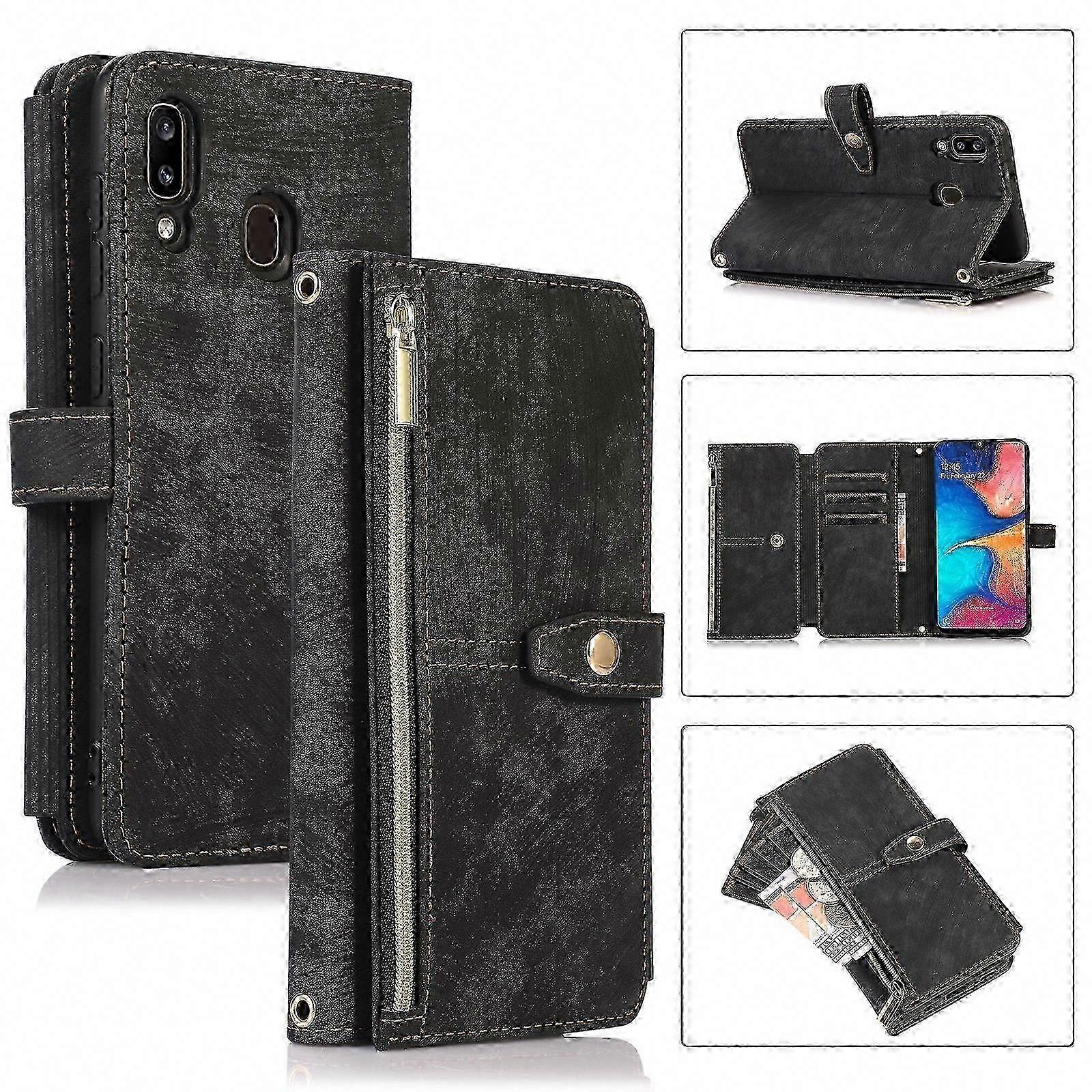 Premium-lederhülle Für Galaxy A20/a30, 9-karten-etui Mit Reißverschluss, Kompatible Hülle