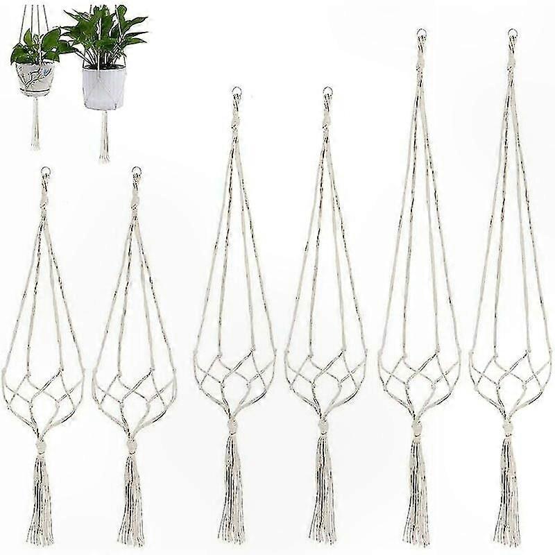 Set Mit 6 Robusten Makramee-hängehalterungen Aus Baumwolle - Pflanztopfhalter Für Drinnen Und Draußen, Für Grünpflanzen, Terrasse, Balkon Und Gartendekoration.