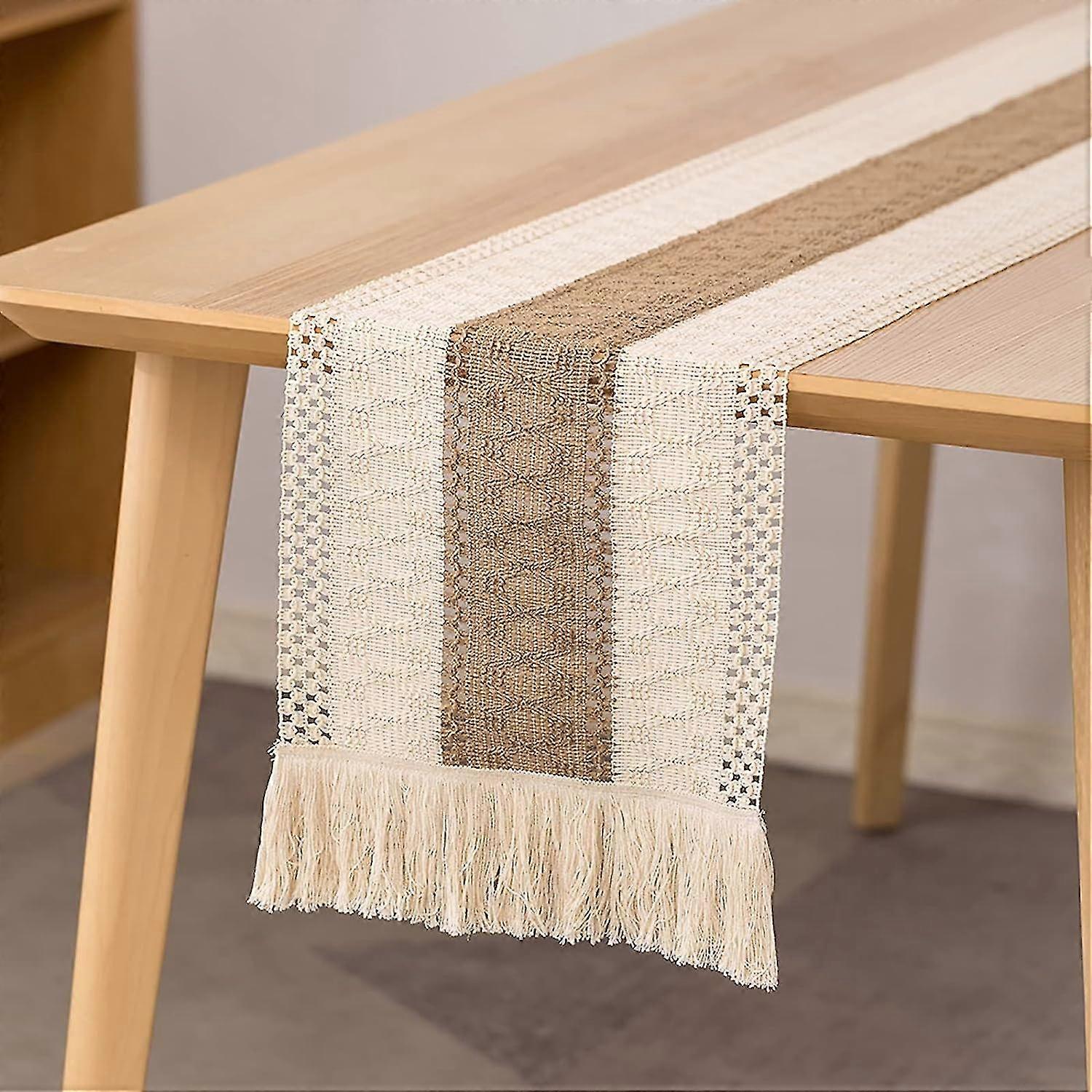 Handgefertigter Tischläufer Aus Baumwolle Und Leinen, 180 Cm, Mit Böhmischer Spitze Und Quasten, Tischdekoration, Handgehäkelt Für Ein Elegantes Zuhause