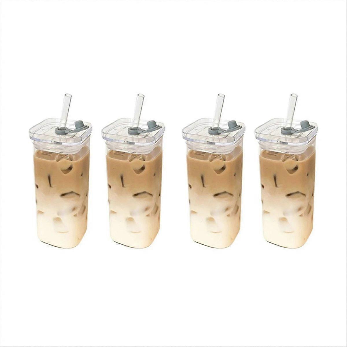 Quadratisches Kaffeeglas Mit Deckel Und Strohhalm, 2er-set, 350 Ml, Ideal Für Heiße Und Kalte Getränke, Modernes Design, Hitzebeständig, Für Den Täglichen Gebrauch Und Auf Reisen.