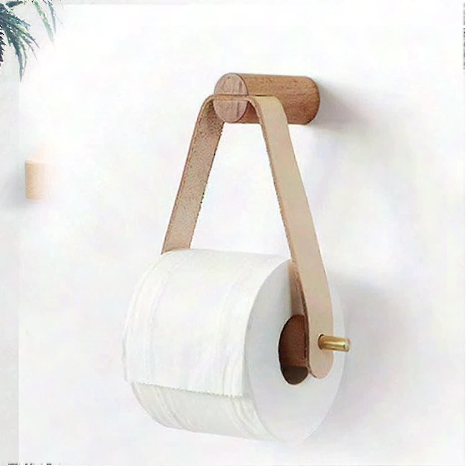 Wandmontierter Toilettenpapierhalter Aus Holz Und Leder, Eleganter Rollenhalter Zur Befestigung Ohne Bohren, Natürliche Dekoration Für Das Badezimmer, Rustikaler Stil, Einfache Montage.