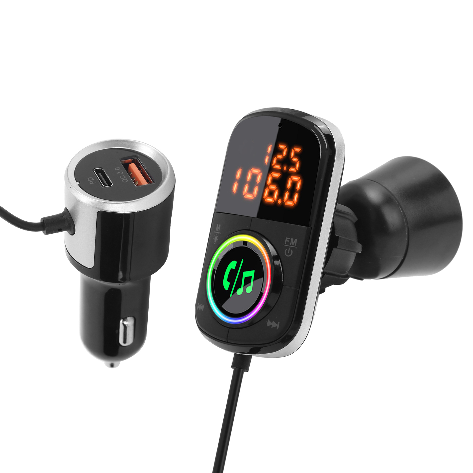 12–24 V Fm-bluetooth-transmitter Mit Freisprechfunktion, Pd3.0/qc3.0-schnellladefunktion, Lcd-bildschirm Und Farbiger Led-beleuchtung