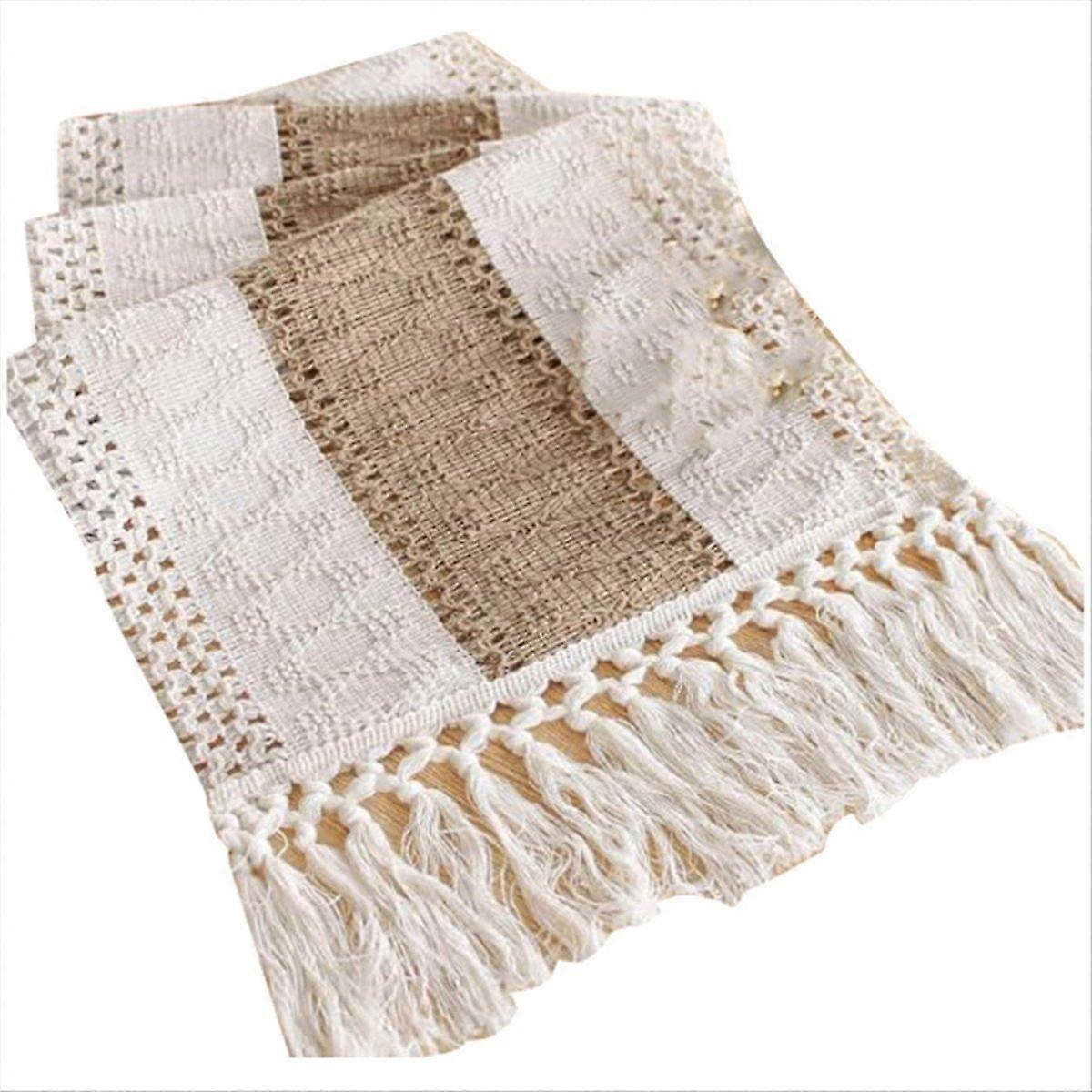 Tischdecke Aus Baumwolle Und Leinen Mit Geknoteten Fransen, Natürliches Mischgewebe, Elegantes Tischset, Handgefertigte Details, Edle Tischdekoration, Vielseitiges Modell Für Mahlzeiten Und Veranstalt