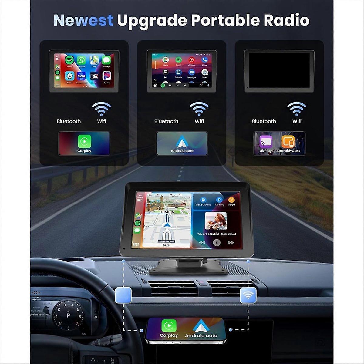 Tragbares 7-zoll-autoradio Mit Touchscreen, Kabelloser Carplay- Und Android Auto-unterstützung, Bluetooth-empfänger Mit Gps, Kompatibel Mit Autos, Freisprecheinrichtung
