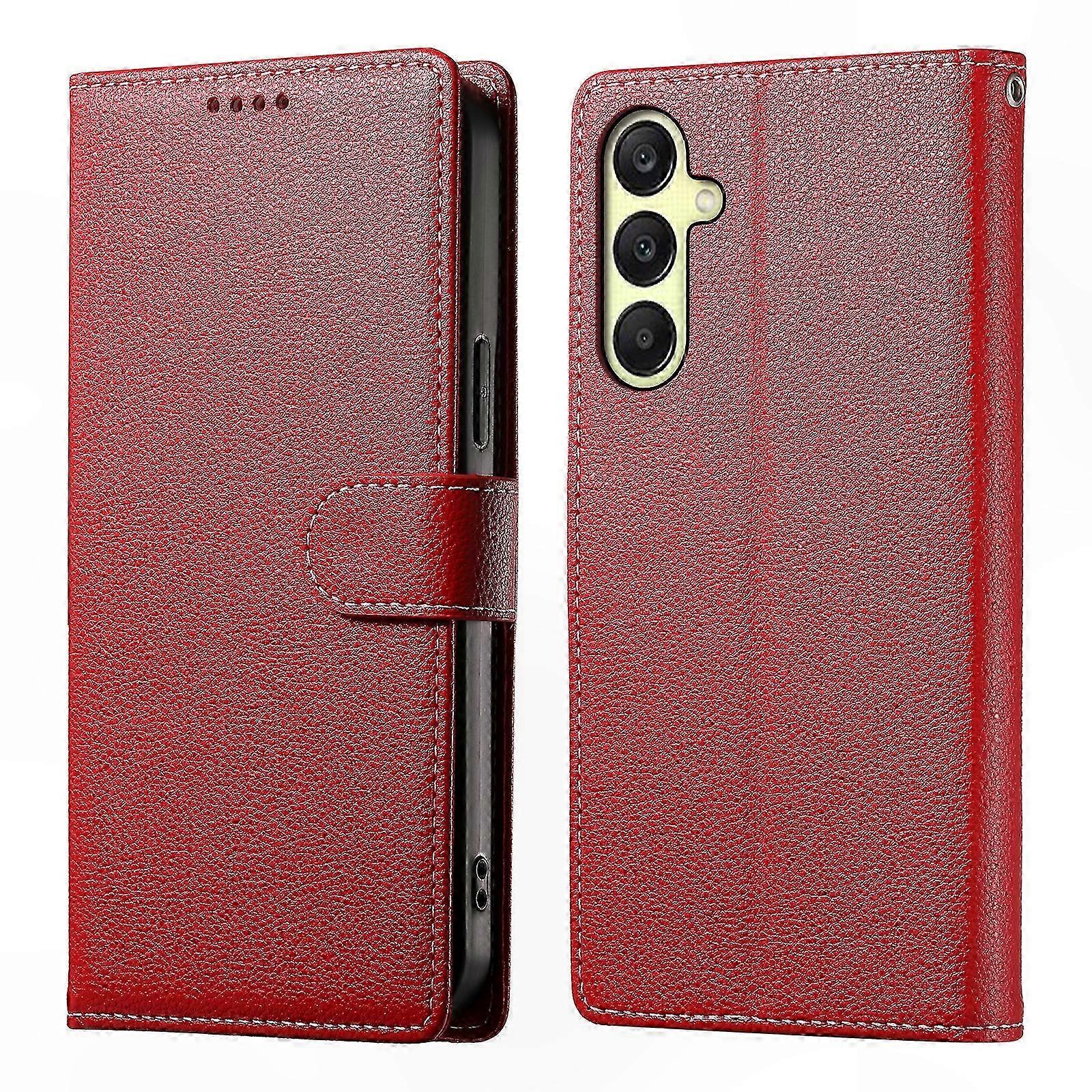Rotes Lederetui Mit Litschi-textur, Mit Handschlaufe Und Magnetverschluss, Kompatibel Mit 5g-handys, Robuster Und Eleganter Schutz.