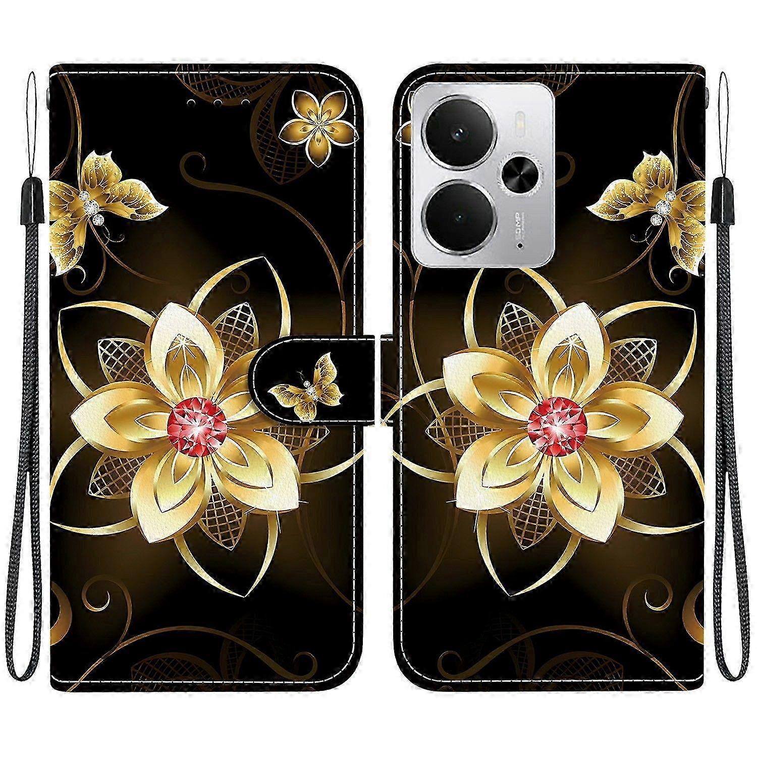 Lederhülle Mit Kartenfach Für Iphone 14 5g, Bedruckte, Stoßfeste Handyhülle Mit Tragegurt, Schwarz, Klappdesign, Robuster Schutz