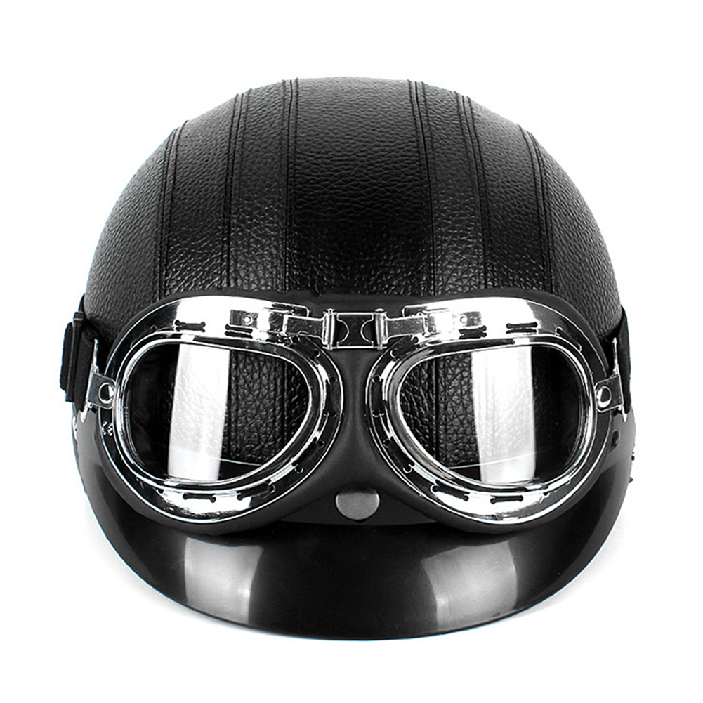 Schwarzer Unisex-motorradhelm Aus Pu, Sicherheitshelm Mit Schutzbrille, Einheitsgröße Für Damen Und Herren