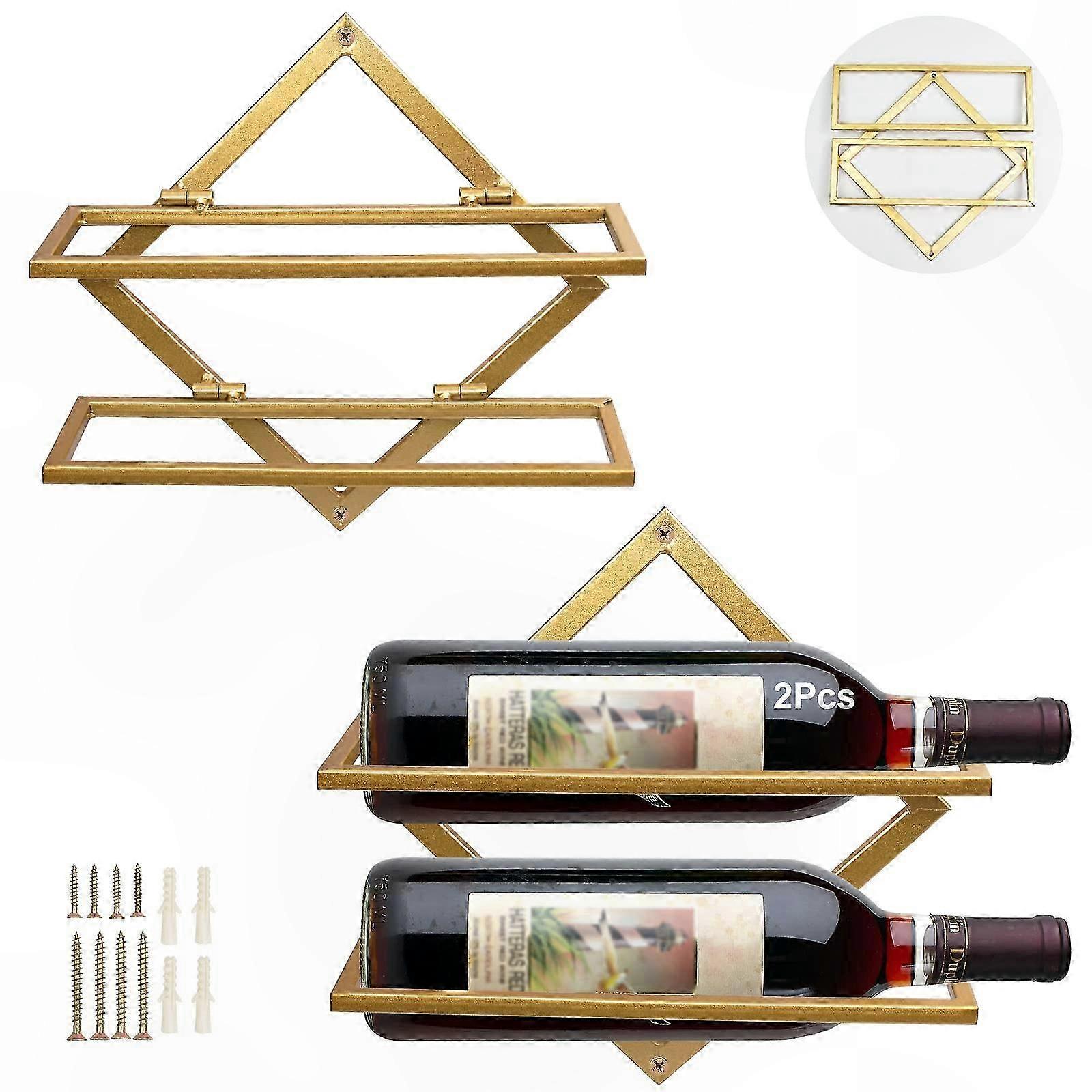 Wandmontiertes, Klappbares Weinregal Aus Goldfarbenem Metall, 2er-set Dekorative Weinhalter, Aufbewahrungshaken Für Flaschen Und Spirituosen, Wandregal