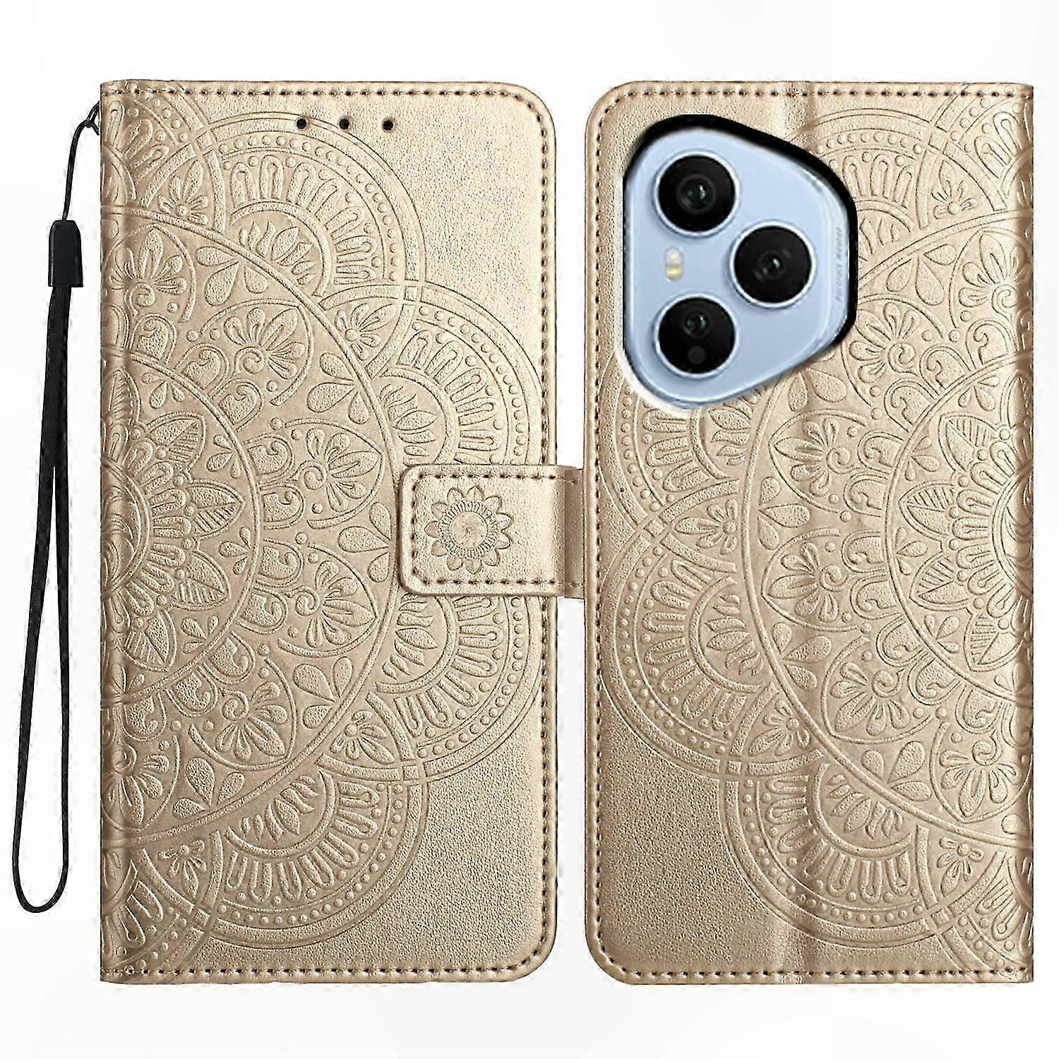 Honor 400 Pro 5g Lederhülle Mit Kartenfach Und Ständer, Goldenes Mandala-design, Robuste Schutzhülle Für Das Globale Modell