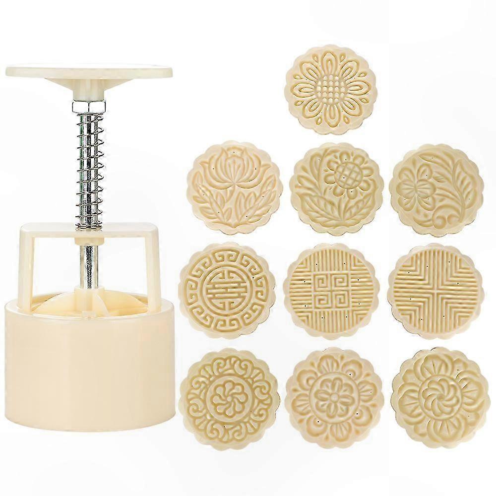 10-teiliges Mondkuchen-ausstechformen-set, Diy-kekspresse Für Das Mittherbstfest, Backwerkzeug Mit 1 Form Und 10 Stempeln (weiß)