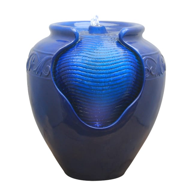Teamson Home Garten Glasierter Topf Brunnen LED Royalblau