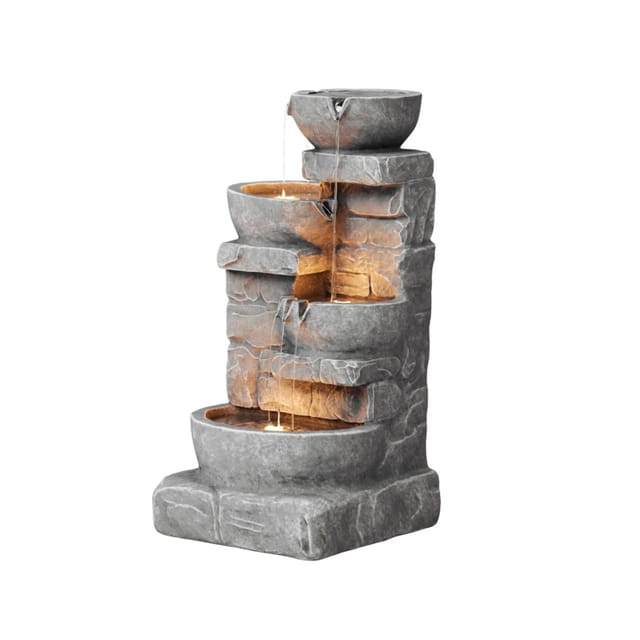 Teamson Home Garten Wasserbrunnen Kaskaden Schalen Gestapelte Steine LED Grau