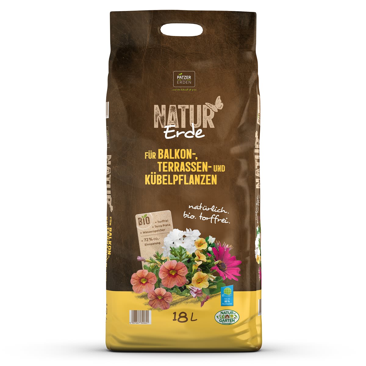 Patzer Natur Erde Bio Für Balkon- Terrassen- & Kübelpflanzen Torffrei - 18 Liter