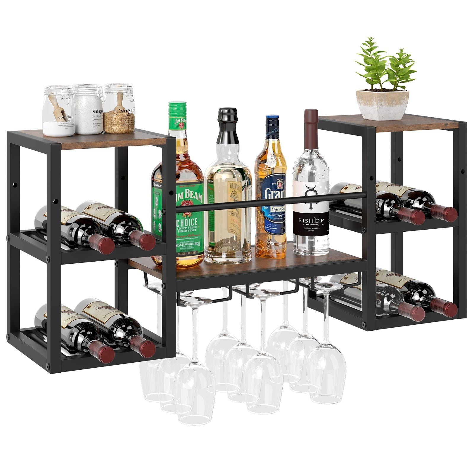 Wandmontiertes Weinregal Mit Glashalter, 8 Flaschen, Rustikales Braun