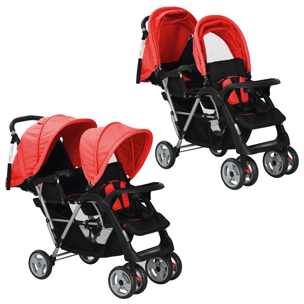 Tandem-kinderwagen Stahl Rot Und Schwarz Vidaxl