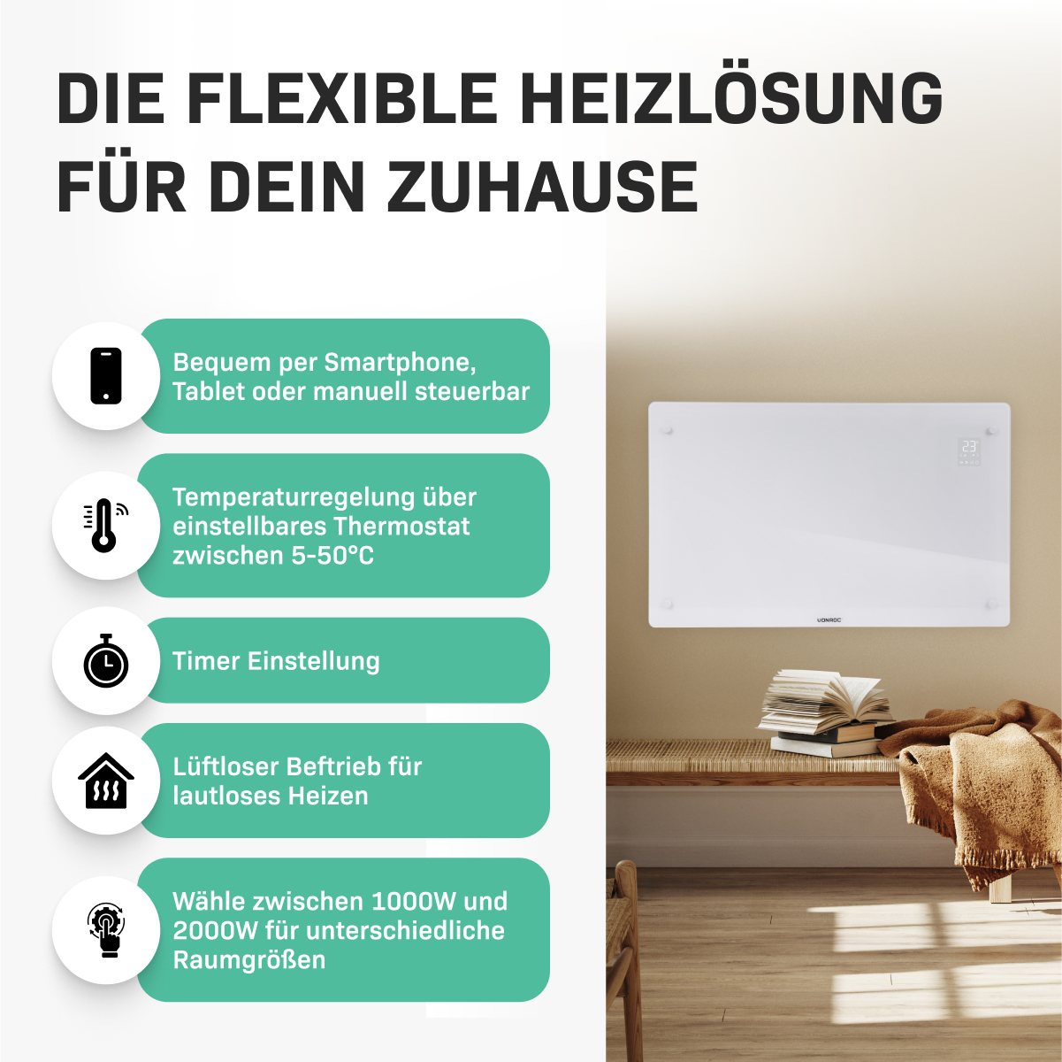 Vonroc - Glasplatten-konvektorheizgerät – 2000w - 24m2 – Manuelle Und Wlan-steuerung – Einstellbarer Thermostat Und Timer – Weiß Bild 2