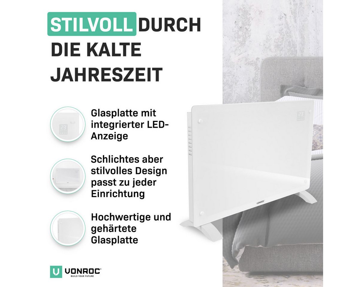 Vonroc - Glasplatten-konvektorheizgerät – 2000w - 24m2 – Manuelle Und Wlan-steuerung – Einstellbarer Thermostat Und Timer – Weiß Bild 3
