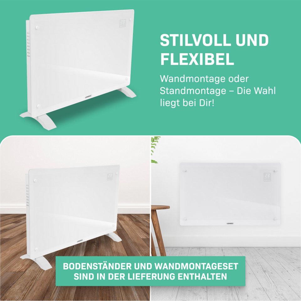 Vonroc - Glasplatten-konvektorheizgerät – 2000w - 24m2 – Manuelle Und Wlan-steuerung – Einstellbarer Thermostat Und Timer – Weiß Bild 4