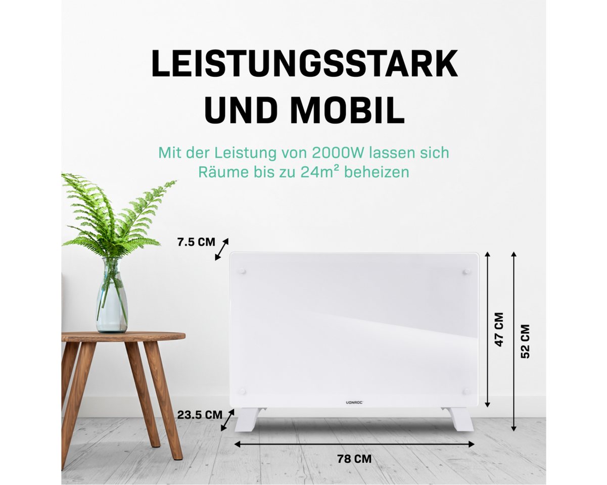 Vonroc - Glasplatten-konvektorheizgerät – 2000w - 24m2 – Manuelle Und Wlan-steuerung – Einstellbarer Thermostat Und Timer – Weiß Bild 5