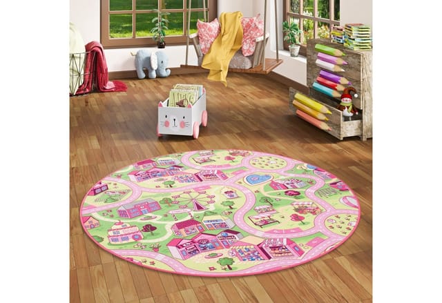 Snapstyle Kinder Spiel Teppich Girls Village Rosa 100cm Rund