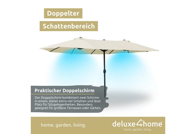 deluxe4home XXL Doppelsonnenschirm 450cm x 260cm mit Handkurbel Creme