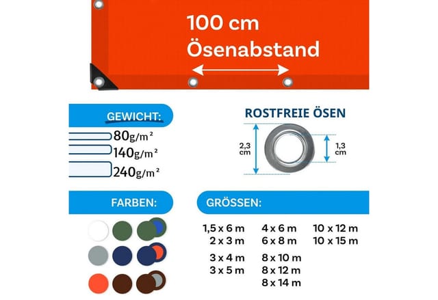 Karat Abdeckplane Wasserdichte Plane mit Ösen Schutzplane 140 g/m² 1,5 x 6 m Orange