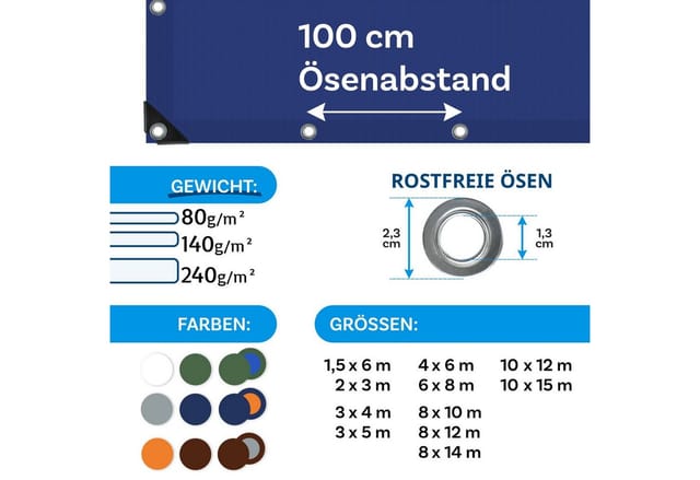 Karat Abdeckplane Wasserdichte Plane mit Ösen Schutzplane 140 g/m² 2 x 3 m Blau