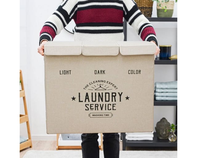 DuneDesign Wäschekorb 84 Liter mit Deckel und 3 Fächern in Beige