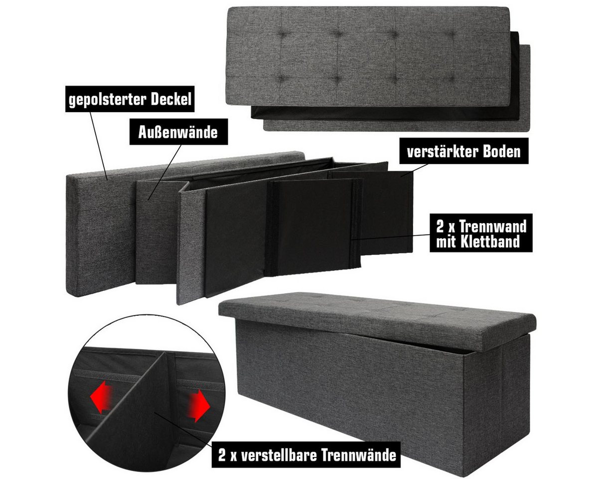 DuneDesign Sitzbank mit 120L Truhe & 2 Trennwände 110 x 38 x 38 cm Dunkelgrau Bild 3