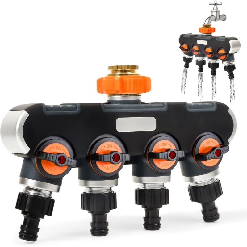 4-wege-verteiler – 3/4"- Und 1/2"-wasserverteiler Mit Absperrventil Zum Gleichzeitigen Anschluss Von 4 Geräten, Einstellbarer Wasserdurchfluss, Adapter Für Die Gartenbewässerung