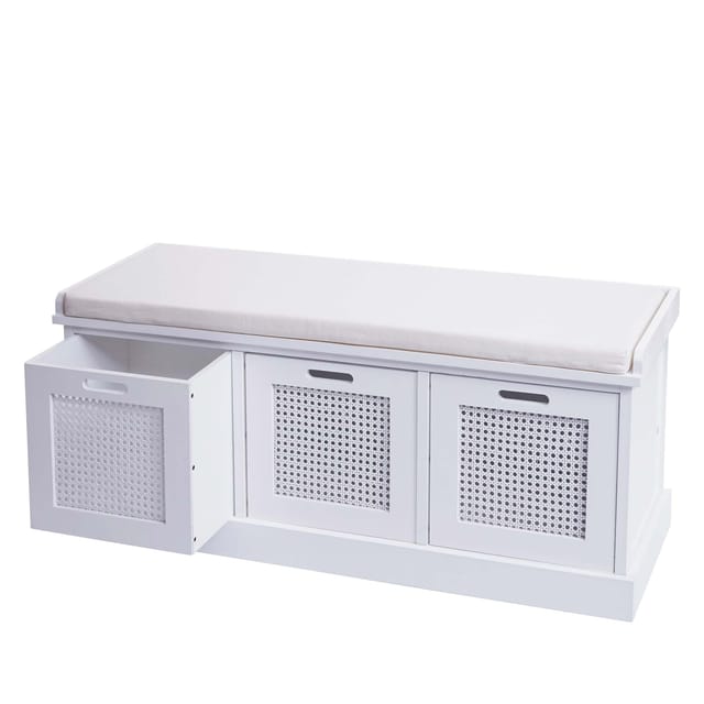 MCW Sitzbank J49 Aufbewahrungsboxen 47x110x40cm Weiß Polster Creme-Weiß