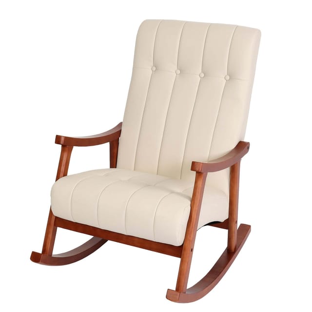 MCW Schaukelstuhl K10 Kunstleder Creme Gestell Walnuss-Optik