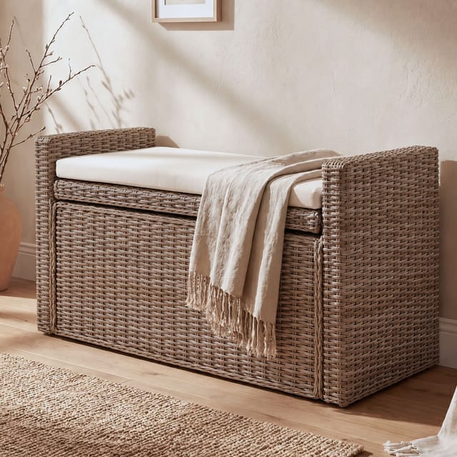 MCW Sitzbank Genua Rattan Staufach Grau-Braun