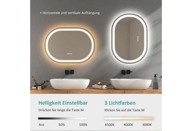 Emke Oval Spiegel 70 x 50 cm Badspiegel mit Beschlagfrei Badezimmerspiegel 3 Dimmbare Lichtfarben