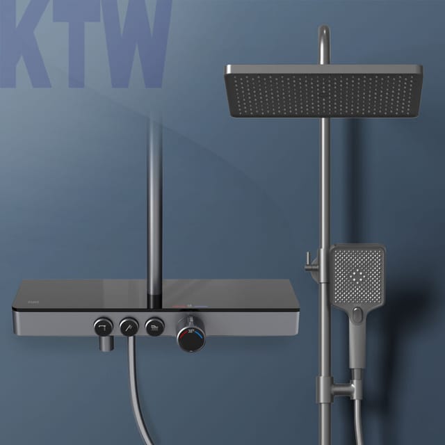 Emke Duschsystem mit Thermostat Anthrazit Matt Duschgarnitur mit Regendusche Handbrause mit 3 Strahlarten und Regenbrause