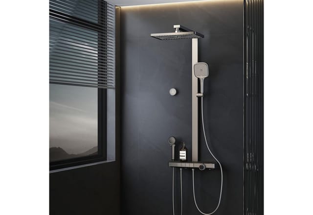 Emke Duschsystem Regendusche Anthrazit Matt LED Glasablage Duschsystem mit Thermostat 3+1 Elternteil und Kind Handbrause