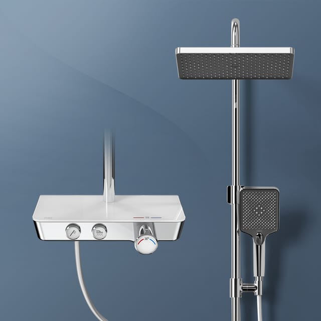 Emke Duschsystem mit Thermostat Handbrause mit 3 Strahlstärken Wasserfall-Auslauf Chrom