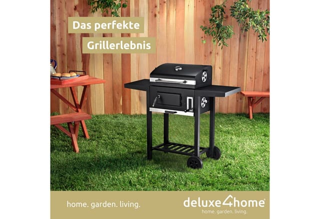 deluxe4home Holzkohlegrill mit Deckel Grillwagen 2 Ablagen Thermometer