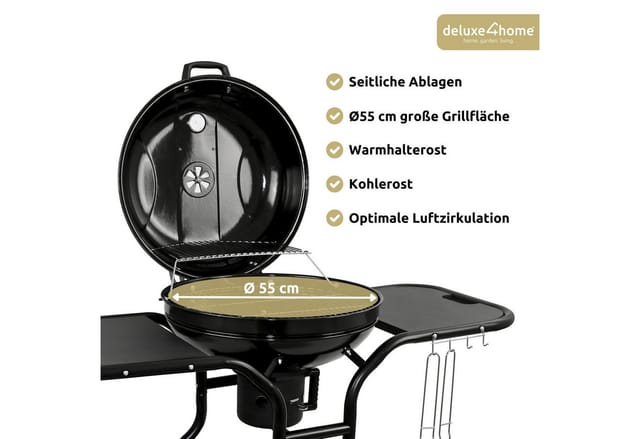 deluxe4home BBQ Kugelgrill mit zwei Ablagen und Grillhandschuhen
