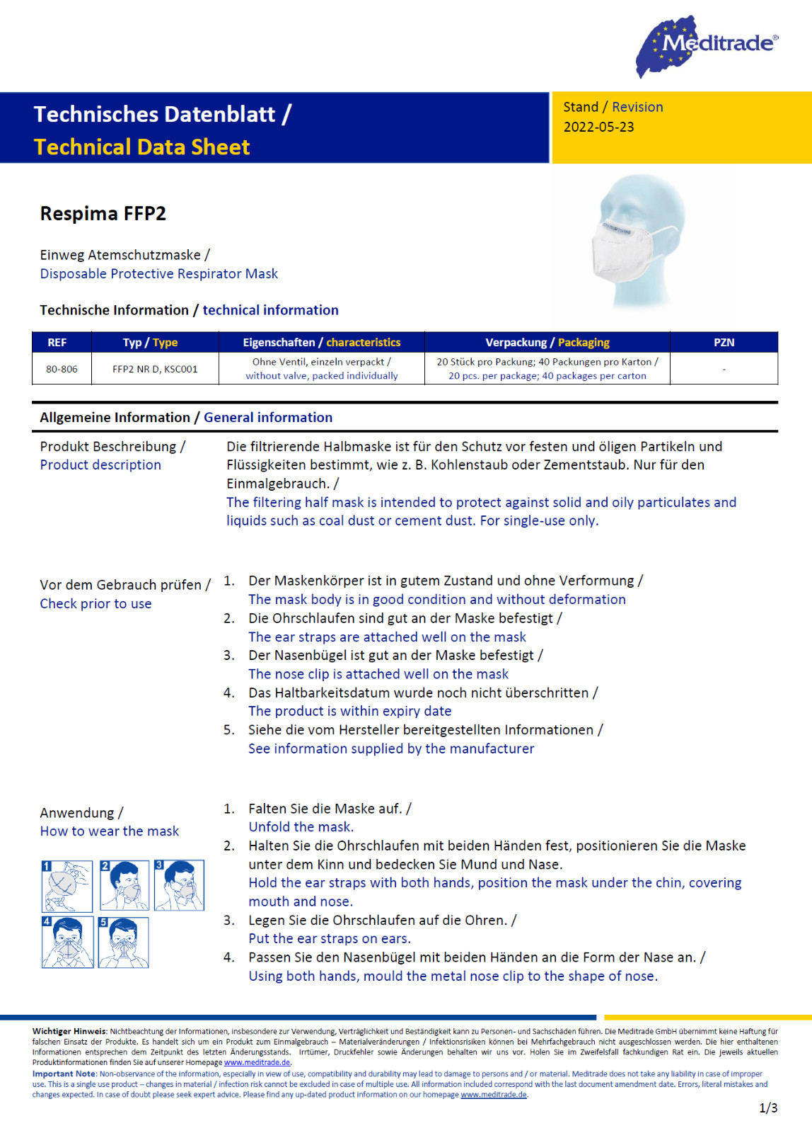 FFP2 Atemschutzmaske NR D Mundschutz Einzeln Verpackt 5 Lagen Respima Meditrade