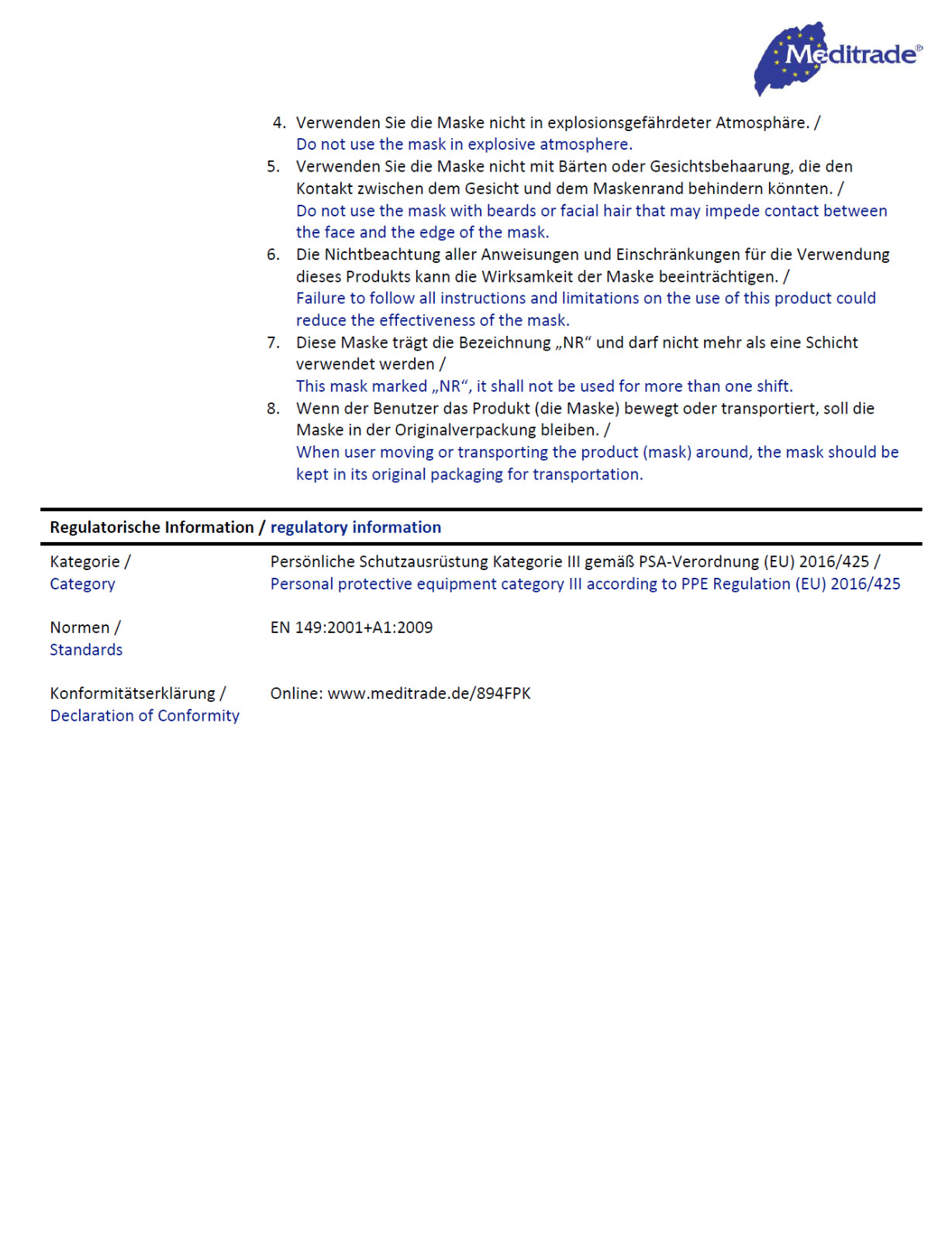 FFP2 Atemschutzmaske NR D Mundschutz Einzeln Verpackt 5 Lagen Respima Meditrade Bild 3