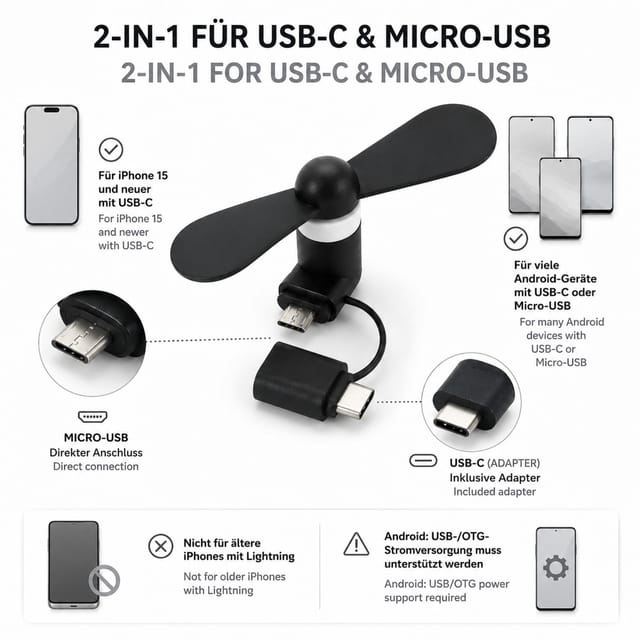 PRECORN Mini Ventilator kompatibel mit iPhone 15+ Android USB-C MicroUSB Schwarz