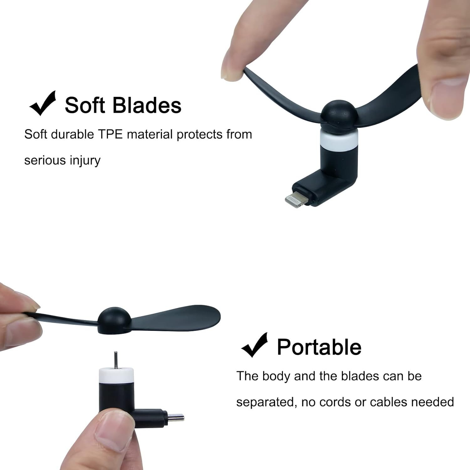 PRECORN Mini Ventilator kompatibel mit iPhone 15+ Android USB-C MicroUSB Schwarz Bild 3