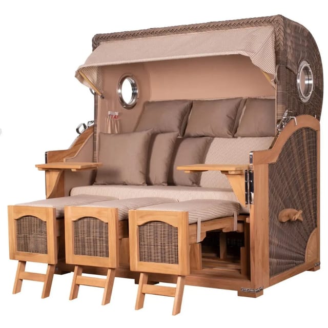 bene,iving Strandkorb Komplettset Ammersee Grande XXL Teak Bullauge PE grau Modell 510