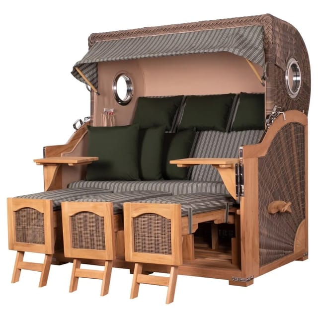 bene,iving Strandkorb Komplettset Ammersee Grande XXL Teak Bullauge PE grau Modell 504