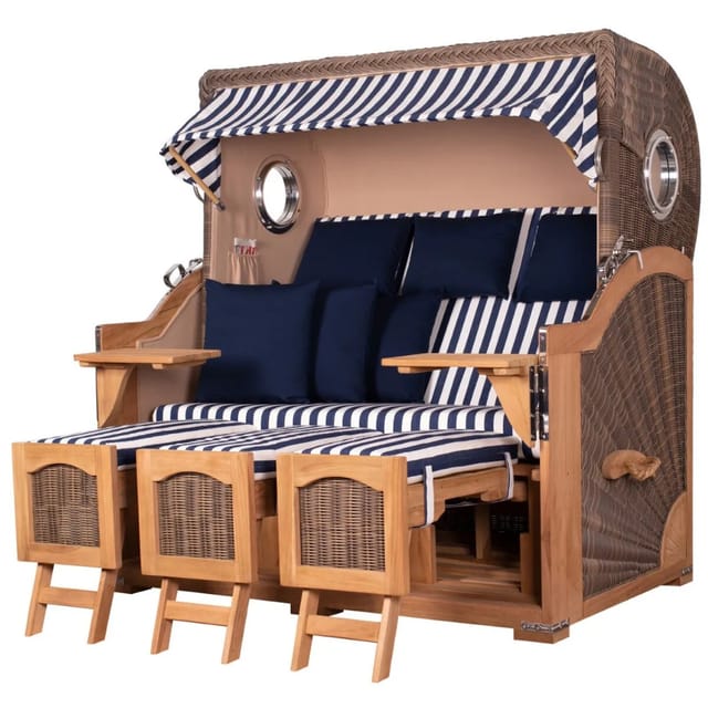 bene,iving Strandkorb Komplettset Ammersee Grande XXL Teak Bullauge PE grau Modell 518