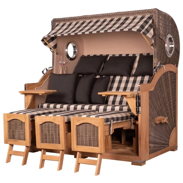 bene,iving Strandkorb Komplettset Ammersee Grande XXL Teak Bullauge PE grau Modell 505